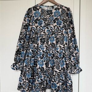 SHEIN Blue and Black Floral Tiered Long-Sleeve Dress